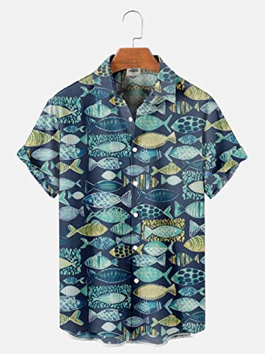 KSKAN Hemd Herren Kurzarm,Herren Hawaiian Hemd Bunte Fische Print Shirt Summer Mystic Ocean Shirt Neuheitendruck Shirt Herren Hawaiian Blumenhemd Funky Party Beach Shirt, L von KSKAN