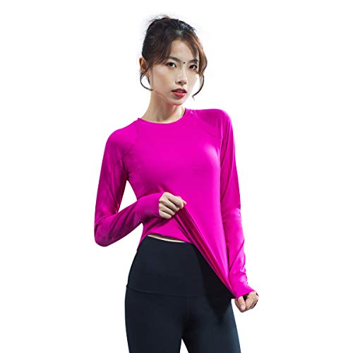KSUA Damen Langarm Yoga Shirts Rundhals Workout Tops Active Running T-Shirt mit Daumenloch, Rosa L von KSUA