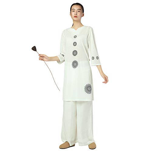 KSUA Damen Zen Meditation Anzug Baumwolle & Leinen Tai Chi Anzug Traditionelle chinesische Kampfkunst Anzug Dreiviertelärmel, EU L/Etikett XL von KSUA