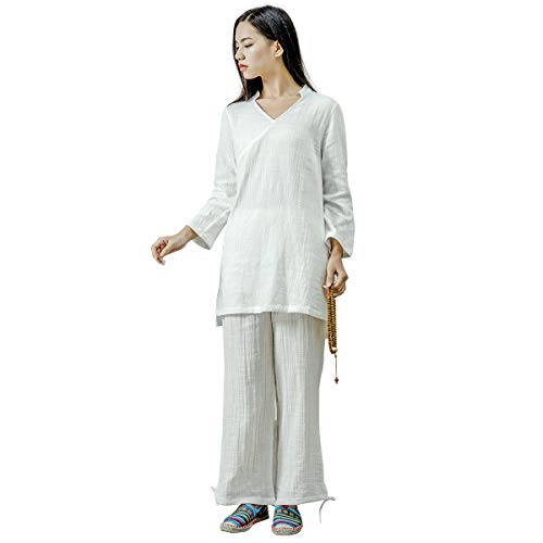KSUA Frauen Zen Meditation Anzug Chinesisch Kung Fu Kleidung Tai Chi Anzug Baumwolle Yoga Anzug Kampfkunst Uniform, Beige EU XS/Etikett S von KSUA