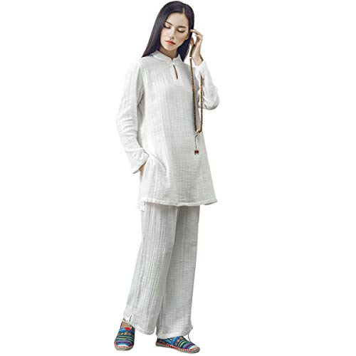 KSUA Frauen chinesische Kung Fu Kleidung Tai Chi Anzug Baumwolle Yoga Anzug für Zen Meditation Martial Arts, Beige EU XL/Etikett XXL von KSUA