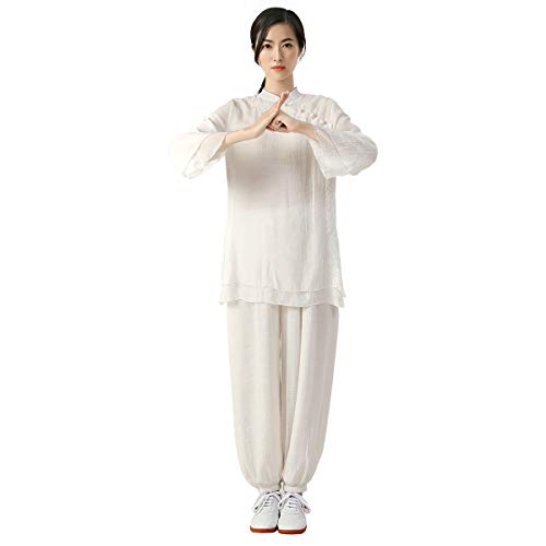 KSUA Womens Tai Chi Kleidung Chinesische Kung Fu Kleidung Baumwolle & Leinen Kampfkunst Uniform für Kung Fu Taichi Zen Meditation Kampfkunst Wing Chun, Weiß EU L/Etikett XL von KSUA