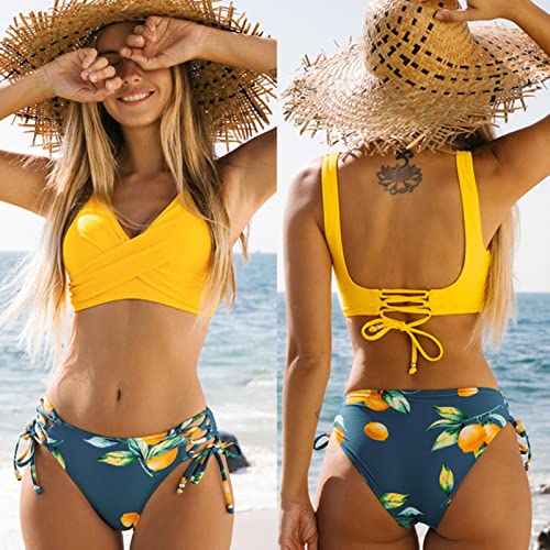 KTTGYRE Bikini Set Gelb Und Zitrone Print Mid-Taille Bikini Sets Badeanzug Frauen Sexy Lace Up Zwei Stücke Badebekleidung Strand Badeanzüge von KTTGYRE