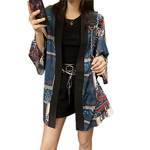 KUMADAI Damen Kimono Cardigan Hongkong Stil Hemd Jacke Locker Leicht Chiffon Strandbluse Vintage Druck Shirt Sommer Beiläufig Tops Mantel,Blau von KUMADAI