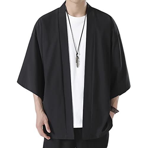 KUMADAI Herren Kimono Baumwolle Jacke Einfarbig Cardigan Sommer Chinesischer Stil Hanfu Mantel Lässig Strandhemd in Bekleidung,Schwarz,XL von KUMADAI