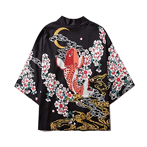 KUMADAI Kimono Herren Cardigan Jacken Chinesischer Stil Ukiyo-e Koi Shirt Lose Strandhemd Sommer Leicht Mantel,Schwarz,M von KUMADAI