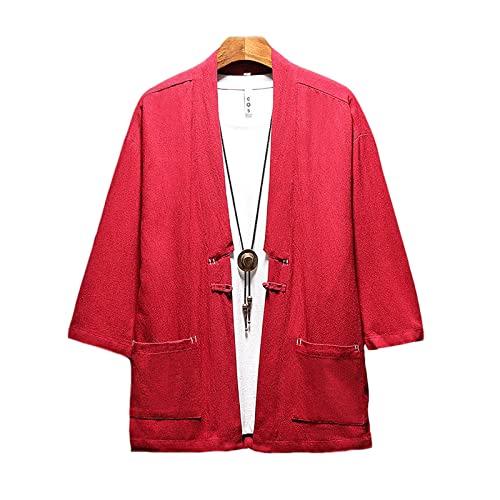 KUMADAI Kimono Herren Cardigan Lässig Hanfu Tang Anzug Hemd Lose Leicht Jacken Mantel Mode Drop-Ärmel Shirt Vintage​ Strand Jacke,China red,5XL von KUMADAI