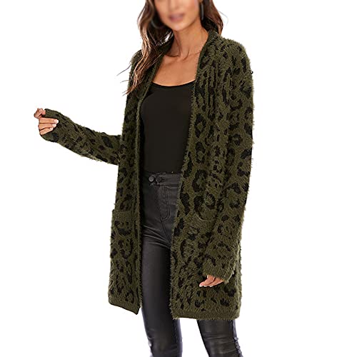 KUMADAI Strickjacke Damen Leopard Mode Stricken Pullover mit Taschen Locker Leicht Beiläufig Jacke Wärme Mantel,Grün,M von KUMADAI