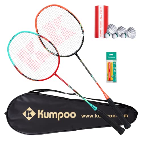 KUMPOO Badmintonschläger 2er Set, 2 86g Leichter Carbon Badmintonschläger, 3 Federböcke, 2 Griff und 1 Schlägerhülle Tasche, für Familienfeier Training Hinterhof Spiel (KC-13) von KUMPOO