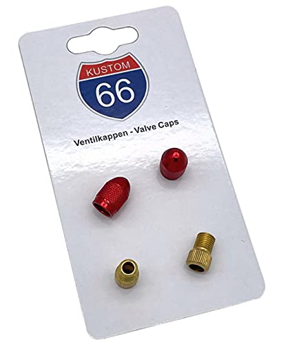 KUSTOM66 2er Set Ventilkappen und 2 Fahrrad Adapter - Bullet Mini - für JEDES Fahrrad geeignet (Rot) von KUSTOM66