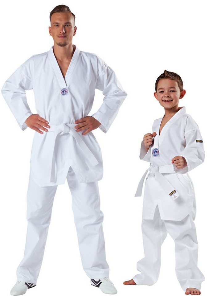 KWON Taekwondoanzug Song Taekwondo Anzug mit Gürtel Hose und Jacke Club Line (komplett, 3 Teile), Kinder, Erwachsene, Größen: 90 - 210 cm, weiß, 8 OZ von KWON