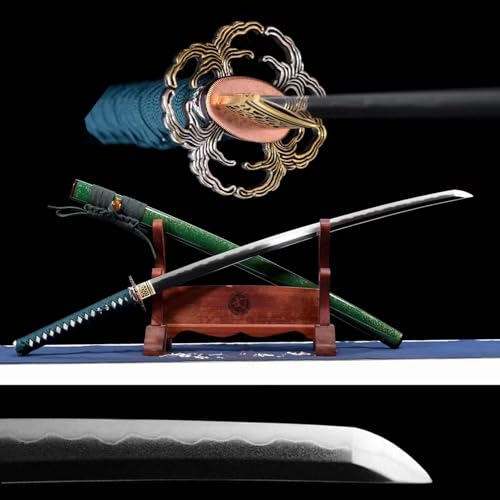Authentisches handgefertigtes Samurai-Schwert,103 cm Lange Katana-Klinge aus Utz-Stahl,bemalte Holzscheide mit Hornverzierung,Geschnitzte Handschützer aus reinem Kupfer und vergoldetem Silber von KWXPW