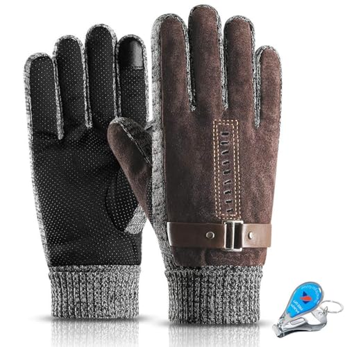 KXF Thermo-Handschuhe, Herren-Leder-Winterhandschuhe, dick, warm, mit Fleece gefüttert, winddicht, kältebeständig, Touchscreen-Handschuhe für Radfahren, Fahren, Laufen, Camping, Wandern von KXF