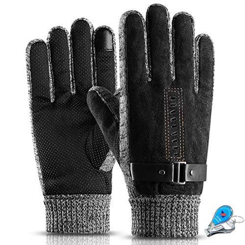 KXF Thermo-Handschuhe für Herren, Leder, Winterhandschuhe, dick, warm, mit Fleece gefüttert, winddicht, kältebeständig, Touchscreen-Handschuhe für Radfahren, Fahren, Laufen, Camping, Wandern von KXF