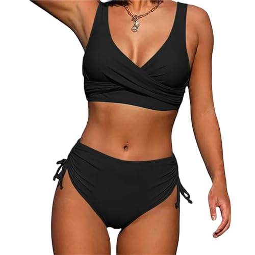 KYATON Bikini Damen Frauen Badebekleidung 2 Stück Hohe Taille Gepolstert Bikini Rückenloser Badeanzug-Schwarz-L von KYATON