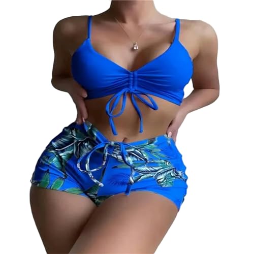 KYATON Bikini Damen Kordelschnur Front Shorts Bikinis High Taille Badeanzug Frauen Anzug An Strandkleidung-Blue_C-S von KYATON