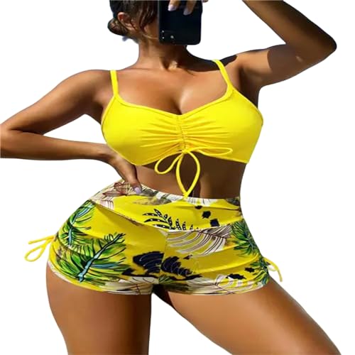 KYATON Bikini Damen Kordelschnur Front Shorts Bikinis High Taille Badeanzug Frauen Anzug An Strandkleidung-Gelb-XL von KYATON