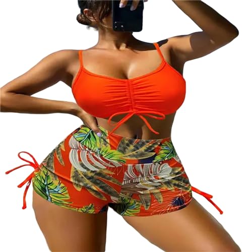 KYATON Bikini Damen Kordelschnur Front Shorts Bikinis High Taille Badeanzug Frauen Anzug An Strandkleidung-Orange-M von KYATON