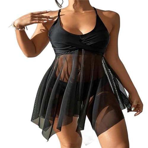 KYATON Bikini Damen Transparente Mesh Badebekleidung Frauen Plus Größe Zwei Stücke Badeanzug Rock Strandkleidung-Schwarz-S von KYATON