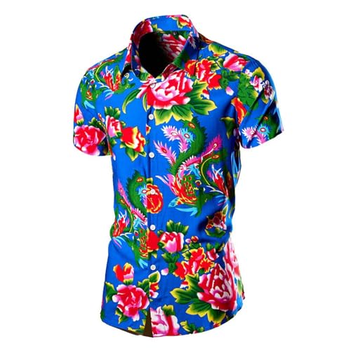 KYATON Herren T-Shirt Northeast Big Flower Herren Sommer Kurzarm Shirt Chinesische Stil Tops Männer Kleidung-blau-6xl von KYATON