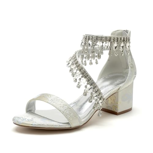 KYEGLO Damen-Satin-Schuhe Mit Offener Spitze, Blockabsatz Und Reißverschluss – Brautjungfernschuhe Mit Runder Spitze, Strasssteinen Und Fesselriemchen,Silber,42 von KYEGLO