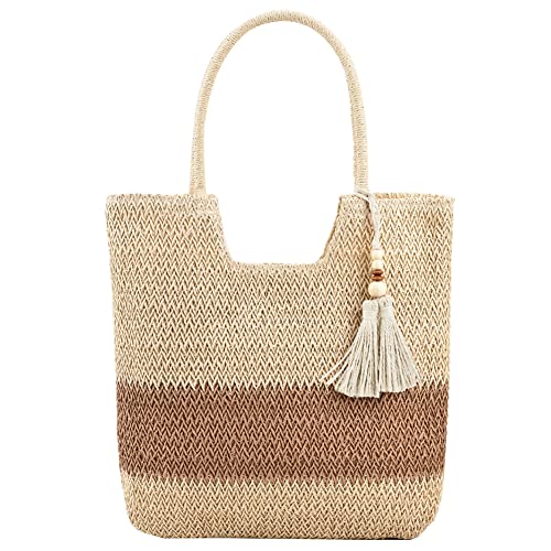 KaTiak Gewebte Sommer-Einkaufstasche, Stroh-Strandtasche mit Quasten, große Stroh-Handtaschen mit Reißverschluss, Stroh-Einkaufstasche for Urlaubstaschen (Color : B01beige) von KaTiak