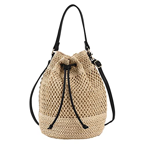 KaTiak Sommer-Stroh-Kordelzugtasche mit verstellbarem Riemen aus PU-Leder, leichte Stroh-Einkaufstasche, gewebte Stroh-Handtaschen (Color : A01beige 27cm) von KaTiak
