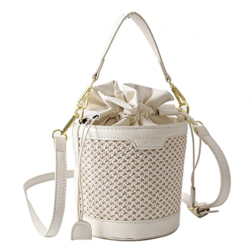 KaTiak Sommer-Stroh-Kordelzugtasche mit verstellbarem Riemen aus PU-Leder, leichte Stroh-Einkaufstasche, gewebte Stroh-Handtaschen (Color : B01beige 15cm) von KaTiak