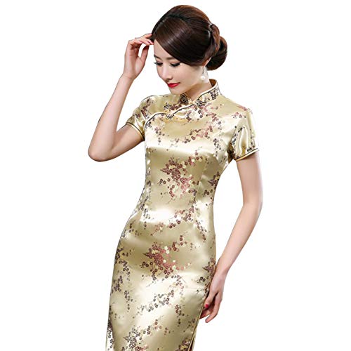 Kalaokei Cheongsam-Kleid, traditionelles Pflaumenblüten-Design, für Damen, chinesisches langes Cheongsam-Abendkleid, goldfarben, 5XL von Kalaokei