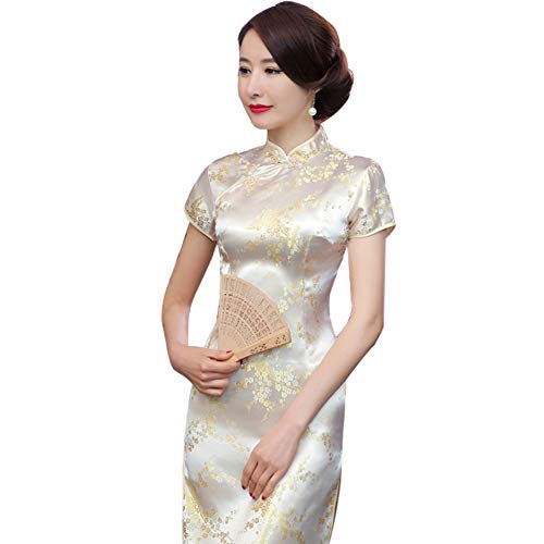 Kalaokei Cheongsam-Kleid, traditionelles Pflaumenblüten-Design, für Damen, chinesisches langes Cheongsam-Abendkleid, hellgelb, M von Kalaokei