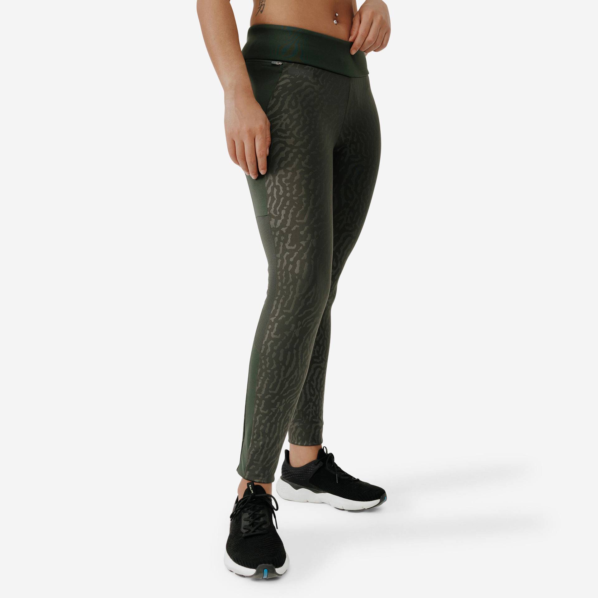 Lauftights lang Damen - Warm+ khaki mit Motiv von Kalenji