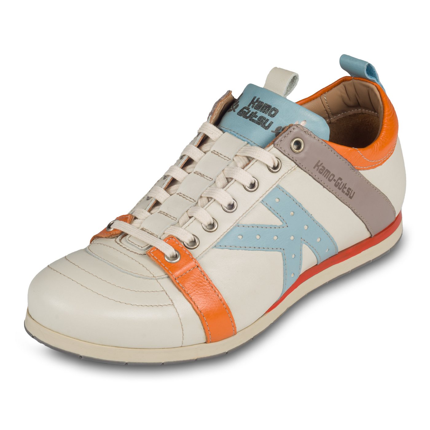 Kamo-Gutsu Leder Sneaker weiß / orange, blau, grau (TIFO-042 bianco + cielo weiß) Sneaker Handgefertigt in Italien von Kamo-Gutsu