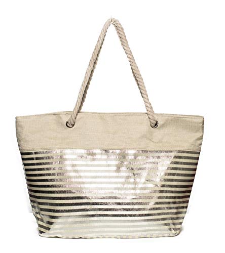 Kandharis Strandtasche Badetasche große Sommertasche Schultertasche Shopper mit Reissverschluss Streifen Muster Metallic XL Damen ST-27 Silber von Kandharis