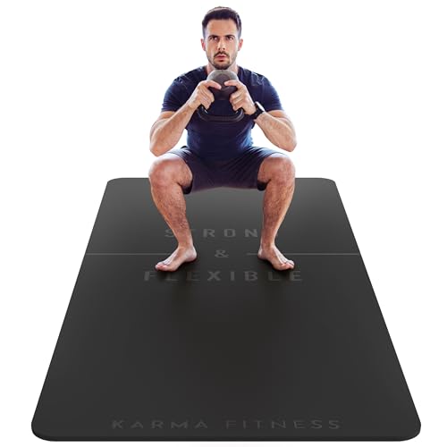 Große Übungsmatte, extra breite und extra dicke Yogamatte (183 cmx80 cmx10 mm), TPE-Fitnessmatte mit kostenlosen Tragegurten, perfekt für HiiT Home Workouts & Pilates – "STRONG & FLEXIBLE" (schwarz) von Karma Fitness
