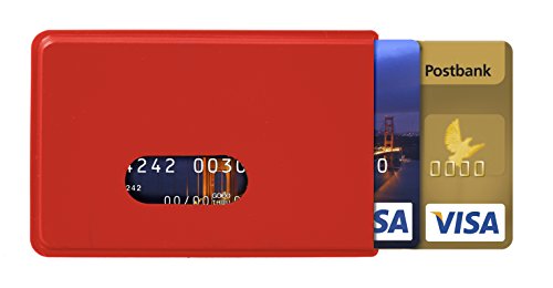 Karteo Scheckkartenhülle Kreditkartenhülle rot [10 Stück] für 2 Karten Kartenschutzhülle Ausweishülle Kartenhülle (54 x 86 mm) mit Daumenausschub von Karteo