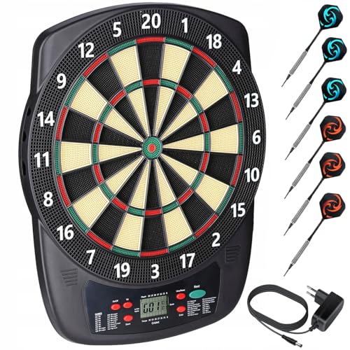 Elektronische Dartscheibe Profi Set 32 Spiele&590 Varianten mit Soundeffekte LCD-Bildschirm, 6 Darts 50 Dartköpfe Netzadapter, E-Darts Dartautomat für Hause Partys Garten Bar 1-8 Spieler, Schwarz von Kasadin
