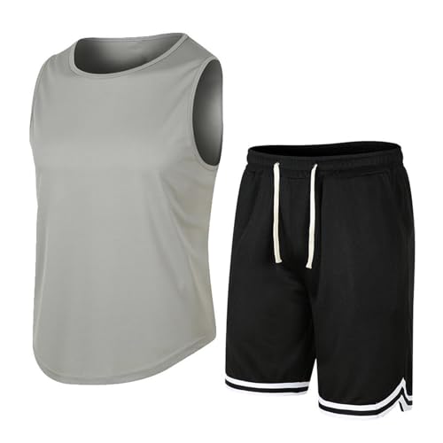 Kasituny Weste-Shorts-Set, ärmelloses Oberteil, elastische Taille für Herren, für Fitness, Sport, atmungsaktiv, Activewear, Combo, Laufen Grau 2XL von Kasituny