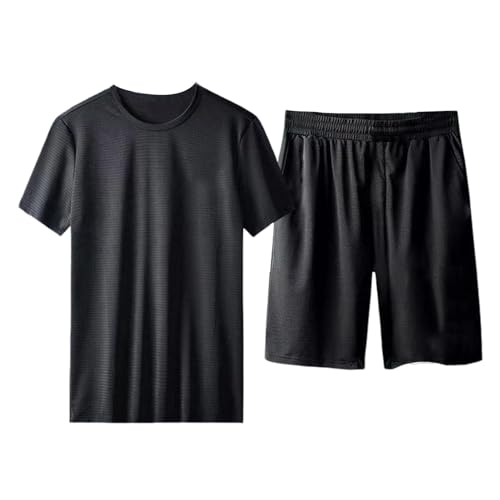 Kasituny Yoga-Outfit-Set, T-Shirt, Shorts, Herren, lässig, O-Ausschnitt, kurzärmelig, Oberteil mit elastischer Taille, weites Bein, einfarbig, Athleisure Schwarz 4XL von Kasituny