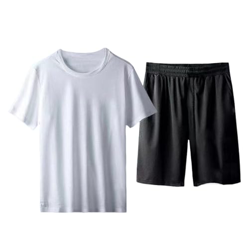 Kasituny Yoga-Outfit-Set, T-Shirt, Shorts, Herren, lässig, O-Ausschnitt, kurzärmelig, Oberteil mit elastischer Taille, weites Bein, einfarbig, Athleisure Weiß 2XL von Kasituny