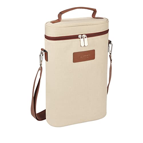 Kato Tirrinia Flaschentasche für 2 Flasche Kühltasche Isolierter Weintasche Tragbarer Weinkühltasche mit Riemen für Picknick Party BYOB Restaurant Weinprobe Beige 21×10×33 cm von Kato Tirrinia