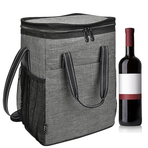 Kato Tirrinia Flaschentasche für 6 Flasche Kühltasche Isolierter Weintasche Tragbarer Weinkühltasche mit Riemen für Picknick Party BBQ Camping Weinprobe Grau 27×16×33 cm von Kato Tirrinia