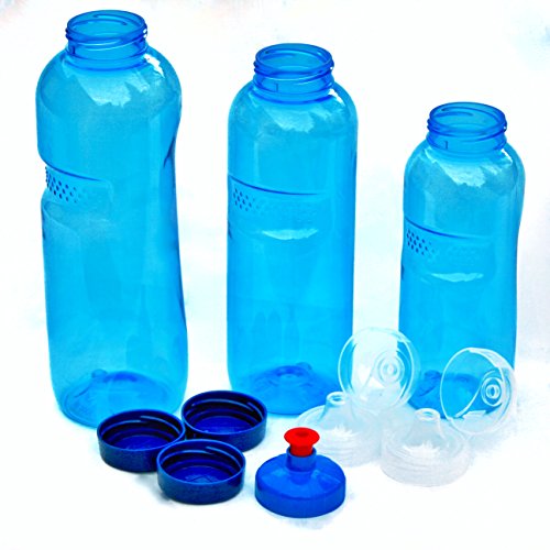 3 x Original TRITAN Trinkflaschen ohne Weichmacher BPA frei Set:1x1 Liter (rund), 1x 0,75 Liter (rund), 1x0,5 Liter (rund) + 3 Standarddeckel + 2 Sportdeckel (FlipTop) + 1 Trinkdeckel (Push PULL) von Kavodrink