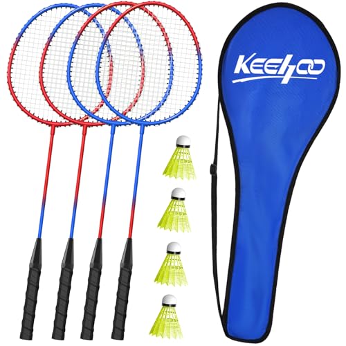 KH Federball Set Badminton Schläger Set of 4 für Erwachsene Kinder, 4 Schläger, 4 Federbälle und Tragetasche im Lieferumfang von Keehoo