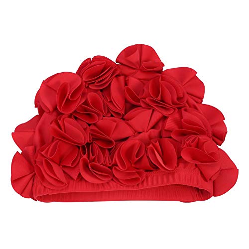 Keenso Damen Badekappe, Retro 3D Blumen Schwimmmütze Bademütze Damen Lange Haare Elastisch Badekappe für Damen und Mädchen(Rot) von Keenso