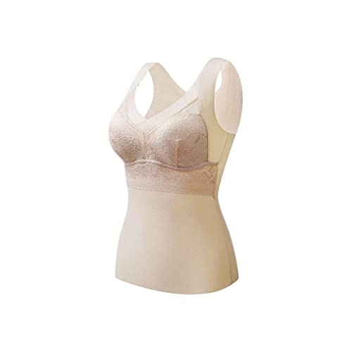 Keeplus 2-in-1 Built-in Bra Thermal Underwear Women's Thermal Underwear with Built-in Bra, Thermounterwäsche Damen, Tank Top Sexy V Ausschnitt Thermo Unterhemden, Warm Funktionswäsche (4XL, Beige) von Keeplus