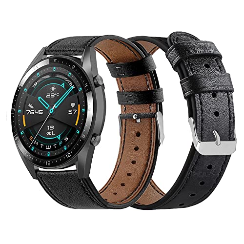 Armbänder Leder Uhrenarmband für Huawei Watch GT2 46mm Leder Armband für Herren Damen, Lederarmband für Huawei Watch GT2 46mm mit Metallschnalle aus Edelstahl (Schwarz,22mm) von Kemikeji