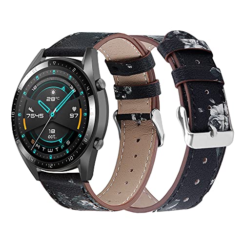 Armbänder Leder Uhrenarmband für Huawei Watch GT2 46mm Leder Armband für Herren Damen, Lederarmband für Huawei Watch GT2 46mm mit Metallschnalle aus Edelstahl (schwarzgraue Blume,22mm) von Kemikeji