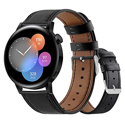 Armbänder Leder Uhrenarmband für Huawei Watch GT3 42mm Leder mit Metallschnalle aus Edelstahl Armband für Herren Damen, Lederarmband für Huawei Watch GT3 42mm (Schwarz,20mm) von Kemikeji