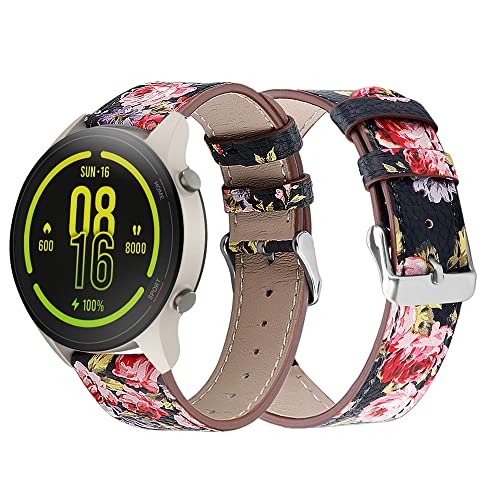 Armbänder Leder Uhrenarmband für Mi Watch/Xiaomi Watch S1 / Watch S1 Active Leder Armband für Herren Damen, Lederarmband mit Metallschnalle aus Edelstahl (Schwarze rosa Blume,22mm) von Kemikeji
