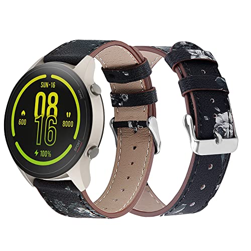 Armbänder Leder Uhrenarmband für Mi Watch/Xiaomi Watch S1 / Watch S1 Active Leder Armband für Herren Damen, Lederarmband mit Metallschnalle aus Edelstahl (schwarzgraue Blume,22mm) von Kemikeji